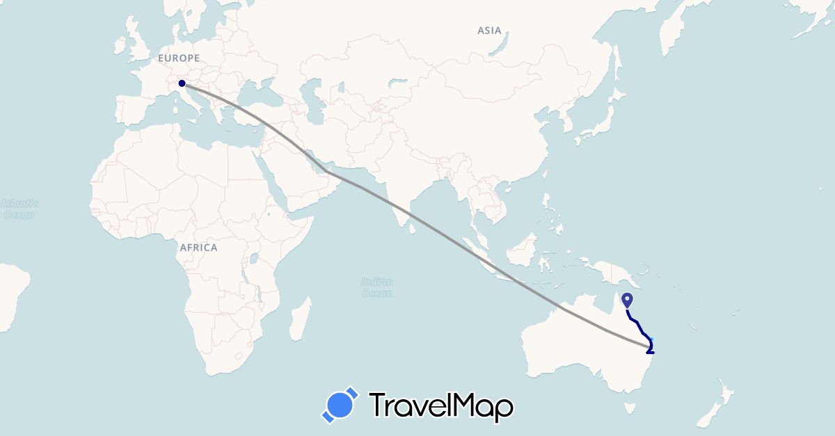 TravelMap itinerary: driving, bus, plane, boat in United Arab Emirates, Australia, Italy (Asia, Europe, Oceania)